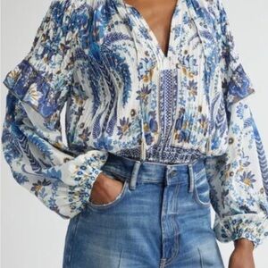 FARM Rio Ana Blue and White Floral Blouse